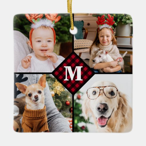 Personalized 4 Photo Monogram Red Buffalo Plaid Ceramic Ornament - Celebrate your your favorite memories with a custom Red Buffalo Plaid Monogram Photo Collage Ornament . When you have so many fun memories and photos , one photo isn't enough . Our Custom Photo Ornament has 4 photos and a center monogrammed initial and name to personalize . This personalized 4 photo ornament is perfect for family, grandparents, kids, pet photo gifts,and dog lovers for a Christmas keepsake! COPYRIGHT © 2020 Judy Burrows, Black Dog Art - All Rights Reserved. Personalized 4 Photo Monogram Red Buffalo Plaid Ceramic Ornament