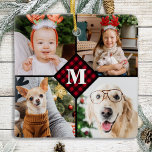 Personalized 4 Photo Monogram Red Buffalo Plaid Ceramic Ornament<br><div class="desc">Celebrate your your favorite memories with a custom Red Buffalo Plaid Monogram Photo Collage Ornament . When you have so many fun memories and photos , one photo isn't enough . Our Custom Photo Ornament has 4 photos and a center monogrammed initial and name to personalize . This personalized 4...</div>