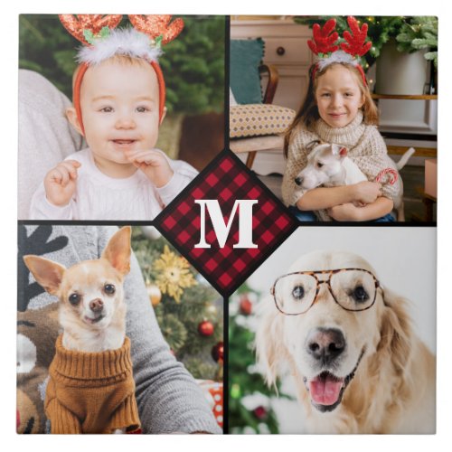 Personalized 4 Photo Monogram Red Buffalo Plaid Ceramic Tile - Celebrate your your favorite memories with a custom Red Buffalo Plaid Monogram Photo Collage ceramic tile . When you have so many fun memories and photos , one photo isn't enough . Our Custom Photo tiles has 4 photos and a center monogrammed initial and name to personalize . This personalized 4 photo tile is perfect for family, grandparents, kids, pet photo gifts,and dog lovers for a Christmas keepsake! COPYRIGHT © 2020 Judy Burrows, Black Dog Art - All Rights Reserved. Personalized 4 Photo Monogram Red Buffalo Plaid ceramic tile