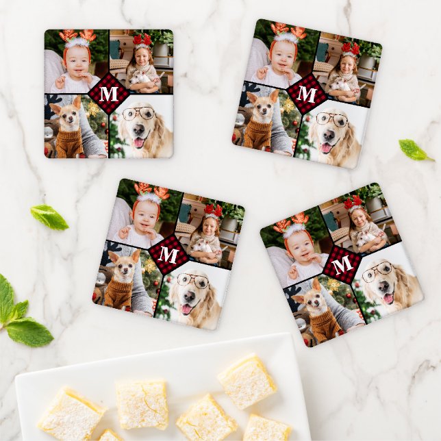 Personalized 4 Photo Monogram Red Buffalo Plaid Coaster Set (In Situ)