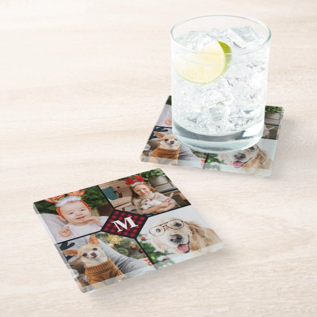 Personalized 4 Photo Monogram Red Buffalo Plaid Glass Coaster (Angled)