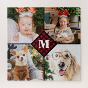 Personalized 4 Photo Monogram Red Buffalo Plaid Jigsaw Puzzle