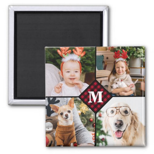 Personalized 4 Photo Monogram Red Buffalo Plaid Magnet