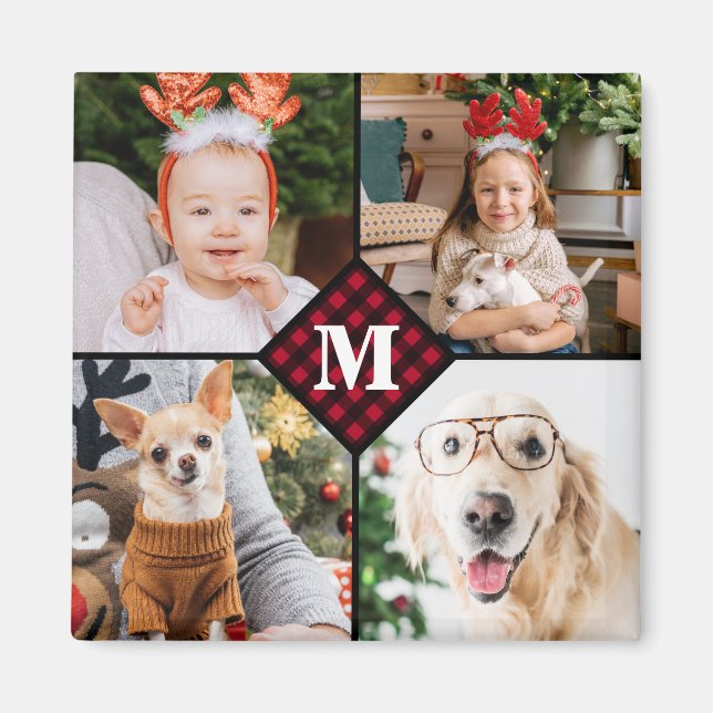 Personalized 4 Photo Monogram Red Buffalo Plaid Magnet (Front)