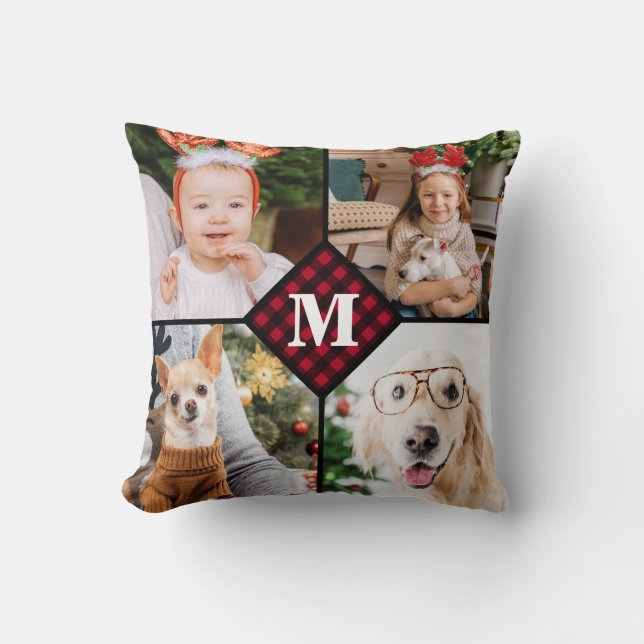 Personalized 4 Photo Monogram Red Buffalo Plaid Throw Pillow (Front)