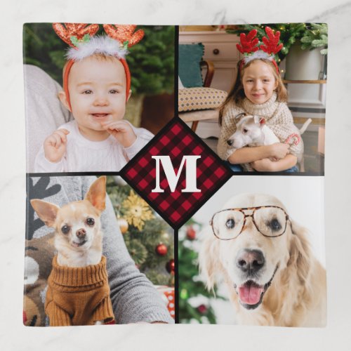 Personalized 4 Photo Monogram Red Buffalo Plaid Trinket Tray - Celebrate your your favorite memories with a custom Red Buffalo Plaid Monogram Photo Collage trinket tray . When you have so many fun memories and photos , one photo isn't enough . Our Custom Photo trinket tray has 4 photos and a center monogrammed initial and name to personalize . This personalized 4 photo trinket is perfect for family, grandparents, kids, pet photo gifts,and dog lovers for a Christmas keepsake! COPYRIGHT © 2020 Judy Burrows, Black Dog Art - All Rights Reserved. Personalized 4 Photo Monogram Red Buffalo Plaid Trinket Tray