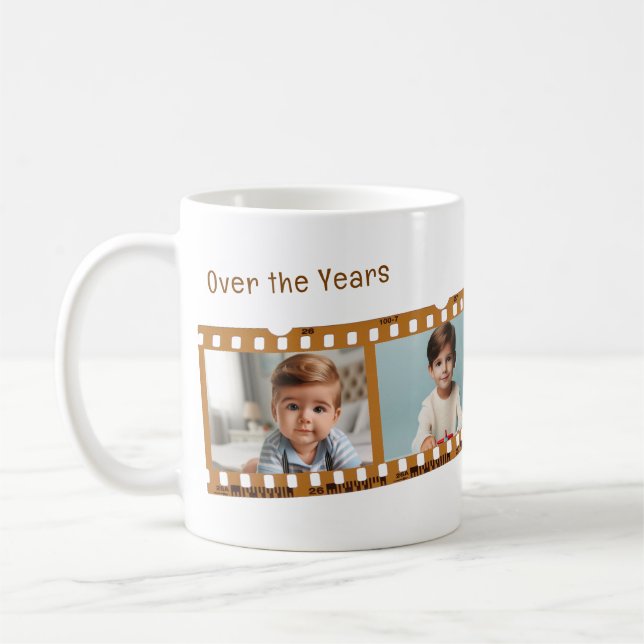 Personalized 4-Photo Old Film Strip Timeline Brown Coffee Mug (Left)