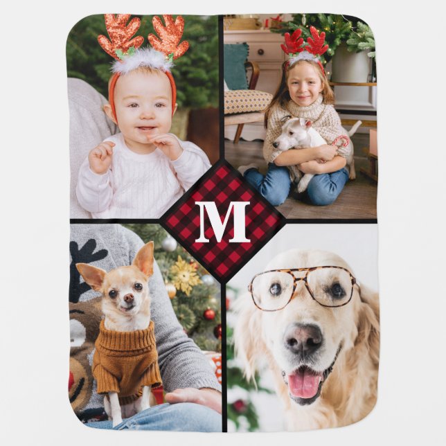 Personalized 4 Photo Red Buffalo Plaid Monogram Baby Blanket (Front)