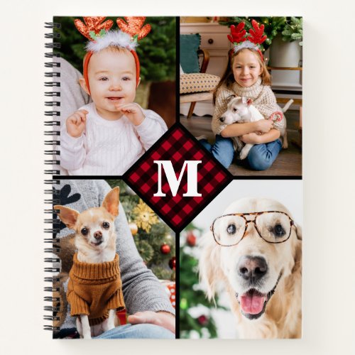 Personalized 4 Photo Red Buffalo Plaid Monogram Notebook - Celebrate your your favorite memories with a custom Red Buffalo Plaid Monogram Photo Collage notebook . When you have so many fun memories and photos , one photo isn't enough . Our Custom Photo notebook has 4 photos and a center monogrammed initial and name to personalize . This personalized 4 photo notebook is perfect for family, grandparents, kids, pet photo gifts,and dog lovers for a Christmas keepsake! COPYRIGHT © 2020 Judy Burrows, Black Dog Art - All Rights Reserved. Personalized 4 Photo Red Buffalo Plaid Monogram Notebook