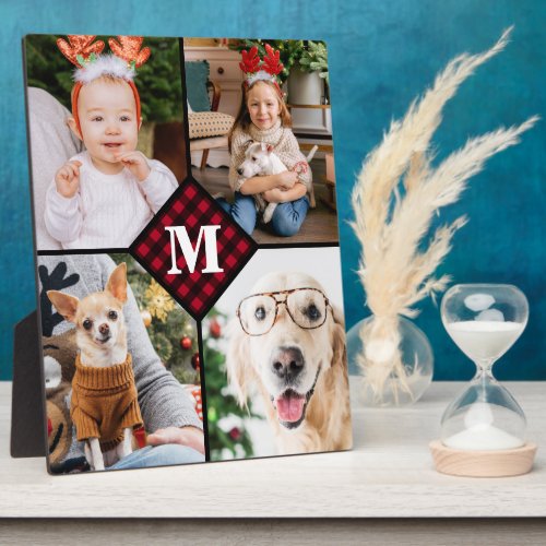 Personalized 4 Photo Red Buffalo Plaid Monogram Plaque - Celebrate your your favorite memories with a custom Red Buffalo Plaid Monogram Photo Collage Plaque . When you have so many fun memories and photos , one photo isn't enough . Our Custom Photo Plaquehas 4 photos and a center monogrammed initial and name to personalize . This personalized 4 photo plaque is perfect for family, grandparents, kids, pet photo gifts,and dog lovers for a Christmas keepsake! COPYRIGHT © 2020 Judy Burrows, Black Dog Art - All Rights Reserved. Personalized 4 Photo Red Buffalo Plaid Monogram plaque