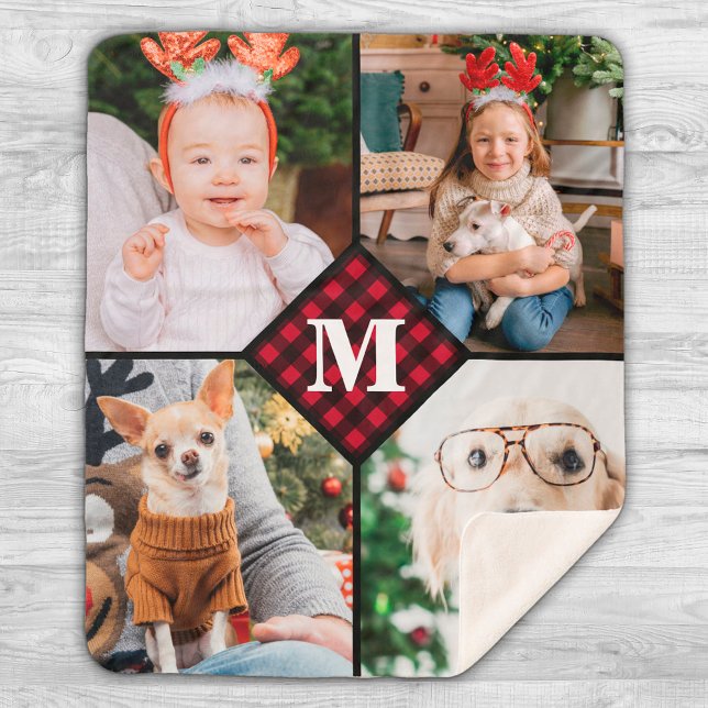 Personalized 4 Photo Red Buffalo Plaid Monogram Sherpa Blanket (Creator Uploaded)