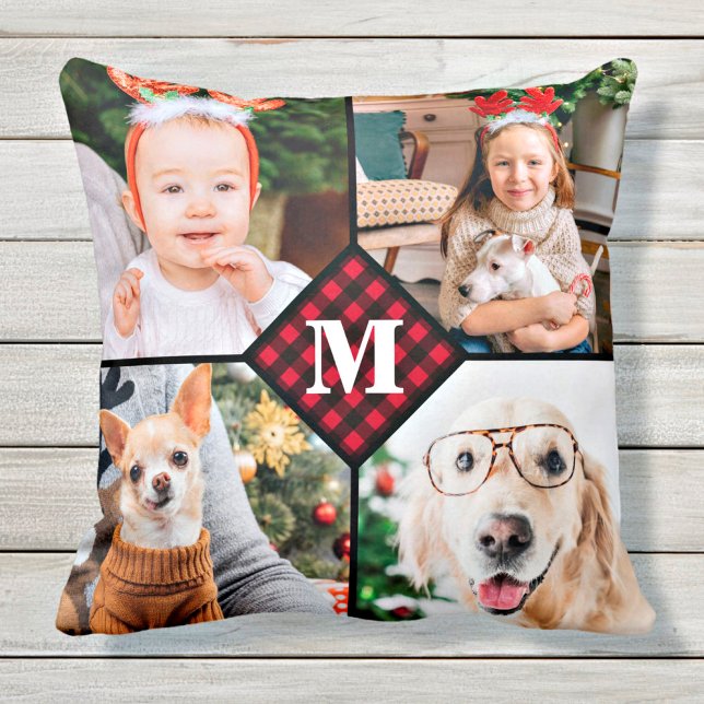 Personalized 4 Photo Red Buffalo Plaid Monogram Throw Pillow (Creator Uploaded)
