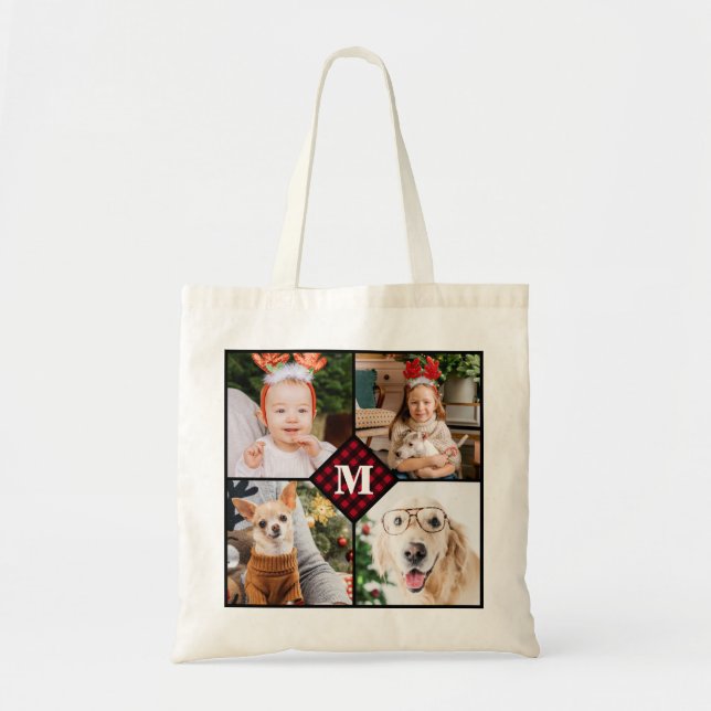 Personalized 4 Photo Red Buffalo Plaid Monogram    Tote Bag (Front)