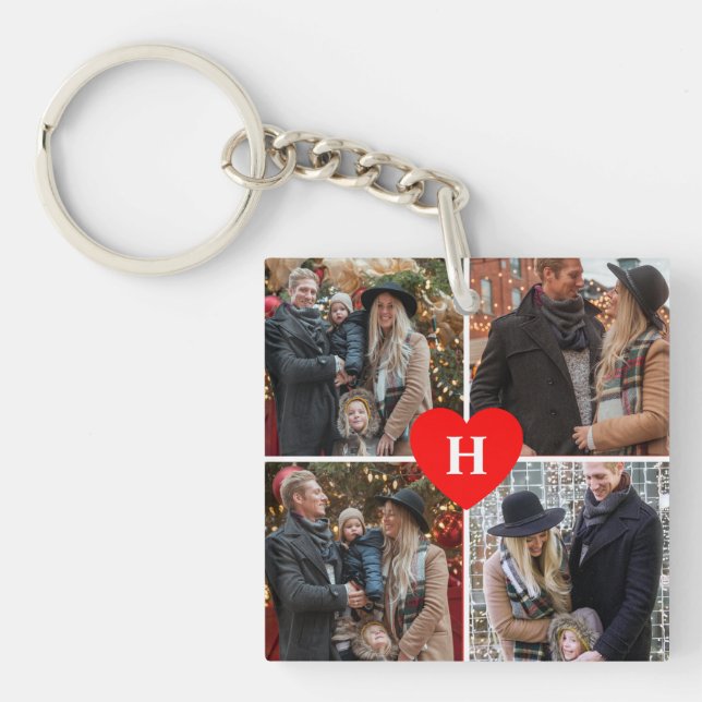 Personalized 4 Photo Red Heart Monogrammed Love Keychain (Front)