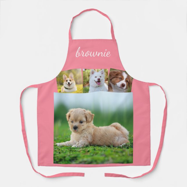 Personalized 4-Photo White Rose Gold Script Name  Apron (Front)