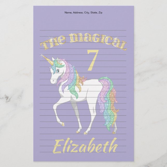 Personalized 4th 5th 6th 7th 8th Birthday Unicorn Stationery (Front)