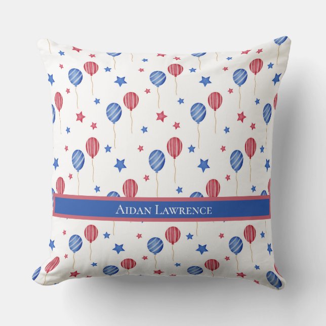 Personalized 4th July Balloons Blue Red Stars  Throw Pillow (Front)
