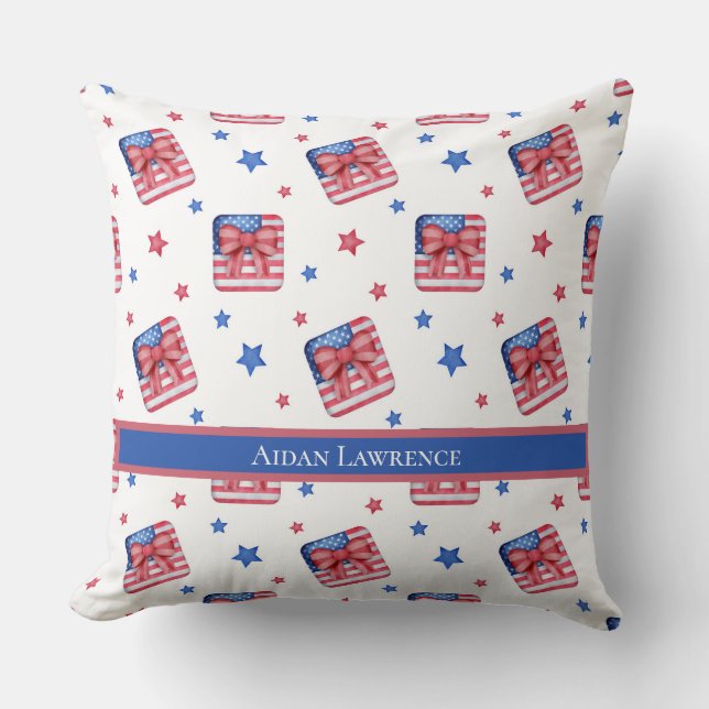 Personalized 4th July USA Flag Blue Red Stars   Throw Pillow (Front)