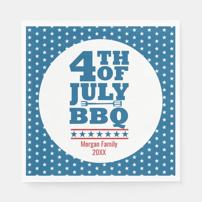 Personalized 4th of July BBQ Party Blue Star Napkins (Front)