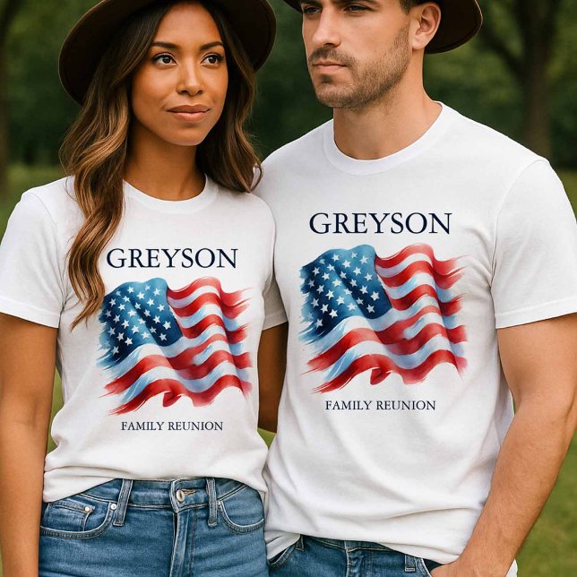 Personalized 4th of July Family Reunion Matching T-Shirt (A couple wearing matching American flag patriotic family reunion t shirts.)