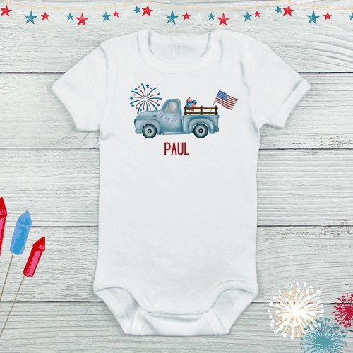 Personalized 4th Of July Name Watercolor Truck  Baby Bodysuit