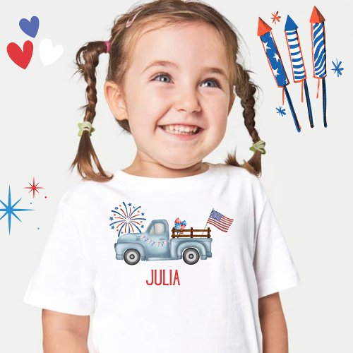 Personalized 4th Of July Name Watercolor Truck  Baby T_Shirt