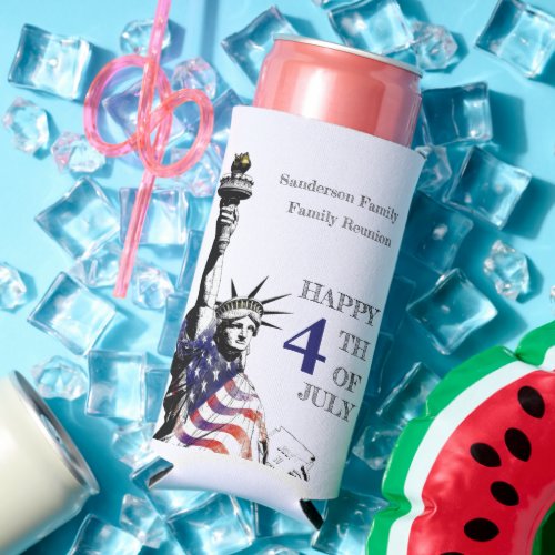 Personalized 4th of July Statue of Liberty  Seltzer Can Cooler