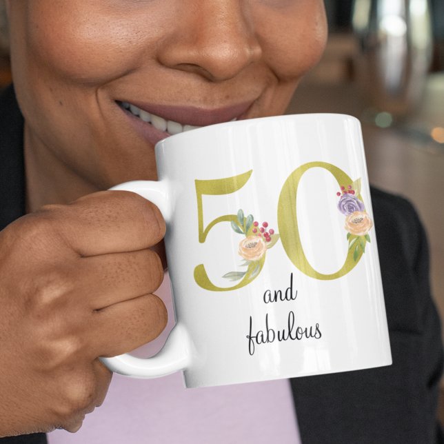 Personalized 50 And Fabulous 50th Birthday Coffee Mug (Personalized 50 and fabulous 50th birthday coffee mug with gold floral 50, and custom text on rear.
)