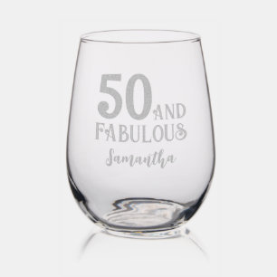 Personalized 50 And Fabulous 50th Birthday Stemless Wine Glass