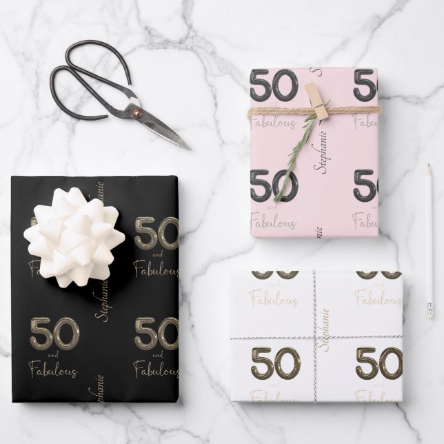Personalized 50 and Fabulous Black Blush White  Wrapping Paper Sheets (Front)