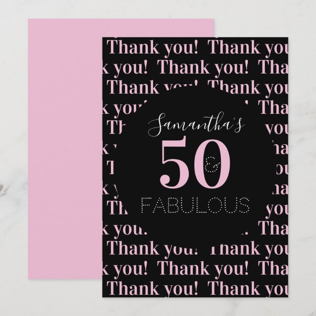 Personalized 50 and fabulous Black Pink Thank You Card (Front/Back)