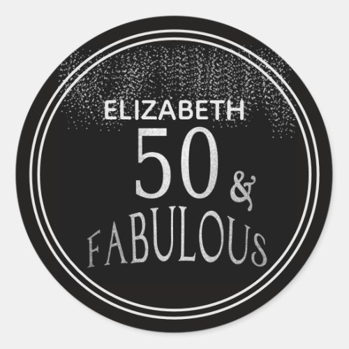 Personalized 50 and Fabulous Black Silver Glitter Classic Round Sticker