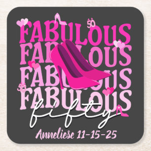Personalized 50 and Fabulous Fifty Pink Birthday Square Paper Coaster
