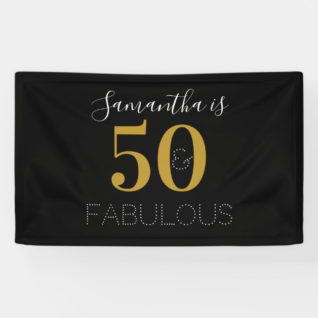 Personalized 50 and fabulous Gold Black Birthday Banner (Horizontal)