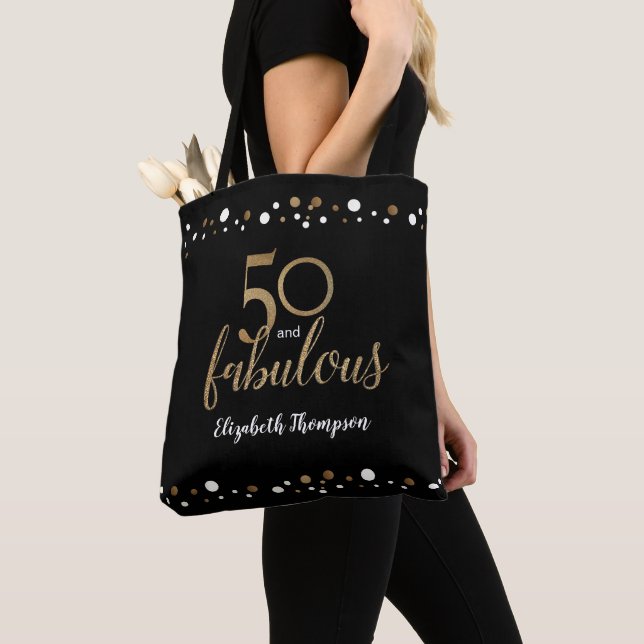 Personalized 50 and fabulous gold black confetti tote bag (Close Up)