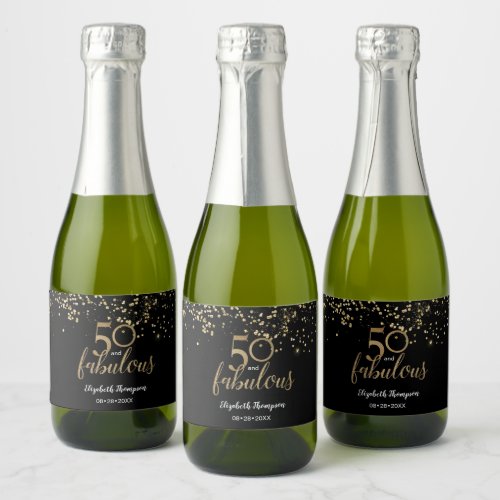 Personalized 50 and Fabulous Gold confetti black  Sparkling Wine Label