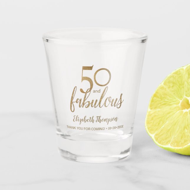 Personalized 50 and fabulous Gold Script Shot Glass (Front)
