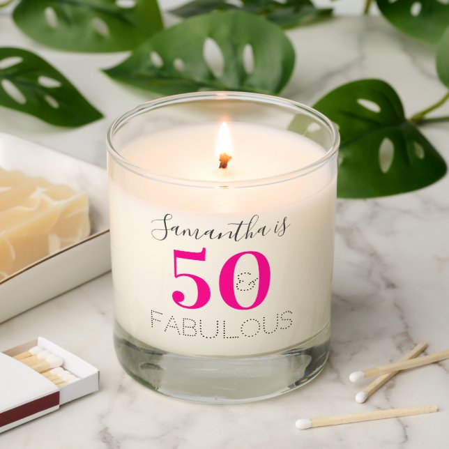 Personalized 50 and Fabulous Hot Pink Birthday Scented Candle (Lit)