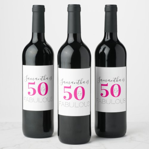Personalized 50 and fabulous Hot Pink Birthday Wine Label