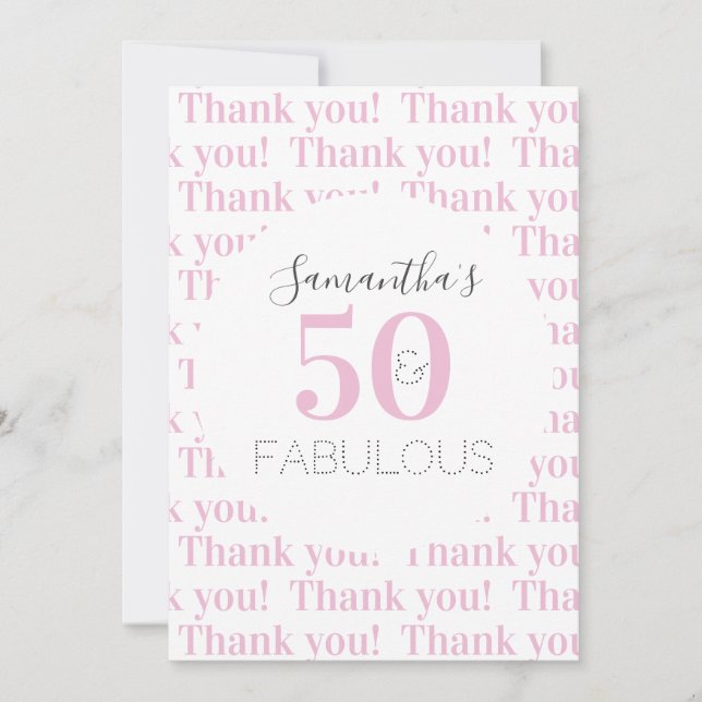 Personalized 50 and fabulous Modern Pink Thank You Card (Front)