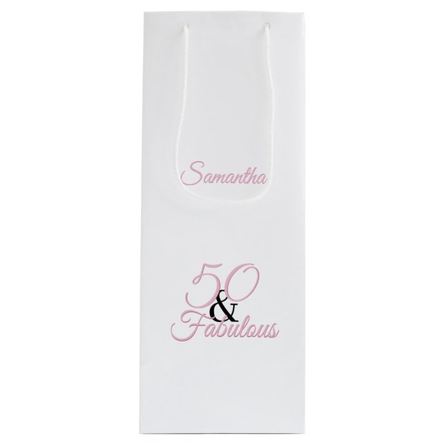 Personalized 50 and fabulous Pink Birthday Wine Gift Bag (Front)