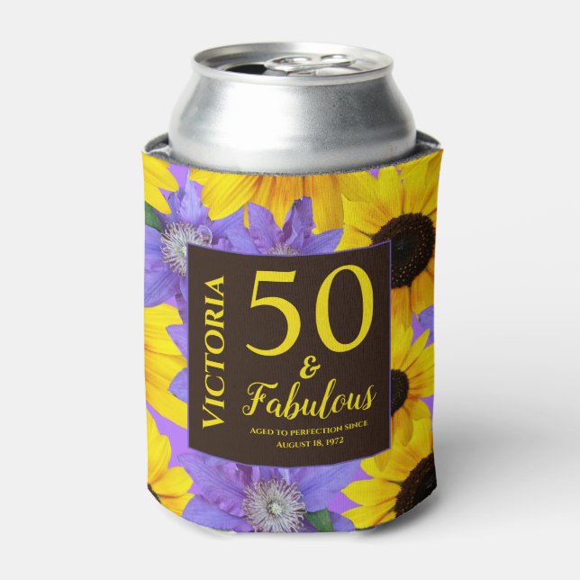 Personalized 50 & Fabulous Sunflower & Purple Can Cooler (Can Front)