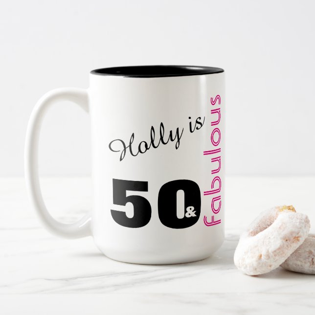 Personalized 50 & Fabulous Themed Birthday Gift Two-Tone Coffee Mug (With Donut)