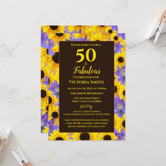 Personalized 50 & Fabulous Yellow & Purple Floral  Invitation (Front/Back In Situ)