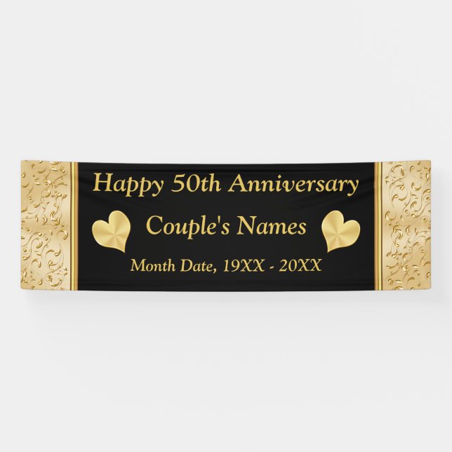 Personalized 50th Anniversary Banner, Black, Gold Banner (Horizontal)