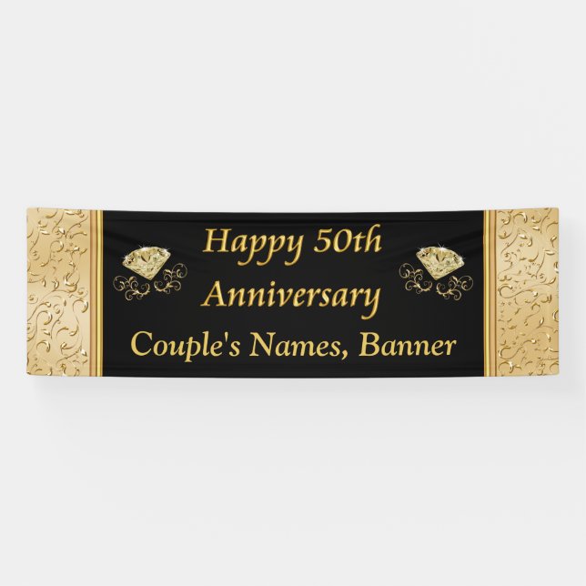 Personalized 50th Anniversary Banner, Black, Gold Banner (Horizontal)