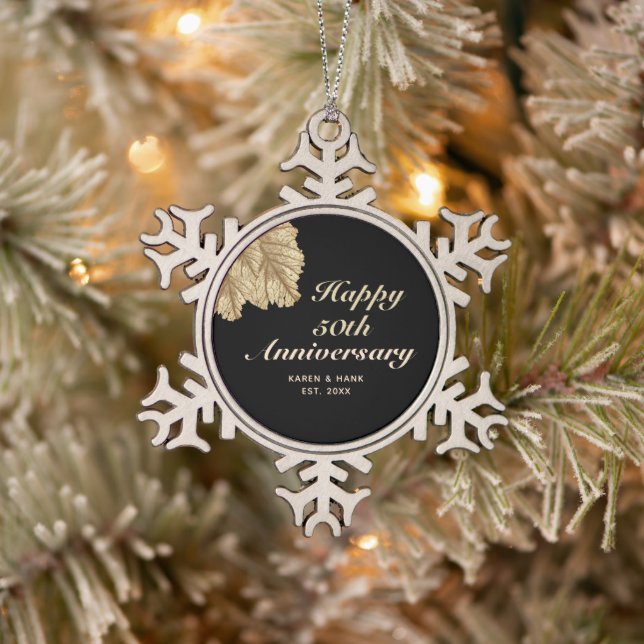 Personalized 50th Anniversary Black Gold Couple Snowflake Pewter Christmas Ornament (Tree)