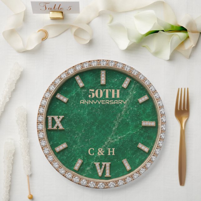 Personalized 50th Anniversary Emerald Marble  Paper Plates (Wedding)