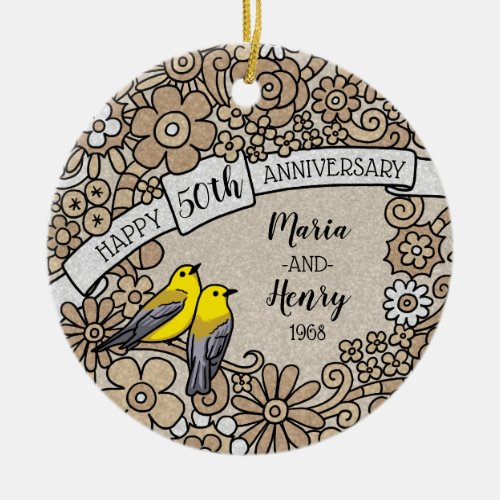 Personalized 50th Anniversary Gold Floral Birds Ceramic Ornament