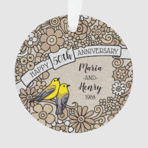 Personalized 50th Anniversary, Gold Floral Birds Ornament